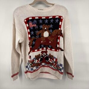 Vintage Knitted Marisa Christina Sweater Patriotic Teddy Bear Size Small